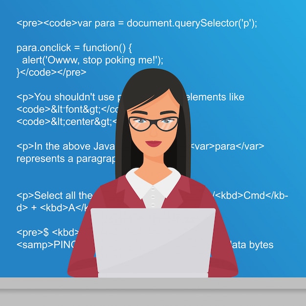 Vetor programador de mulher jovem e bonita sentada na área de trabalho e trabalhando no laptop. conceito de ilustração plana de codificação de codificador.