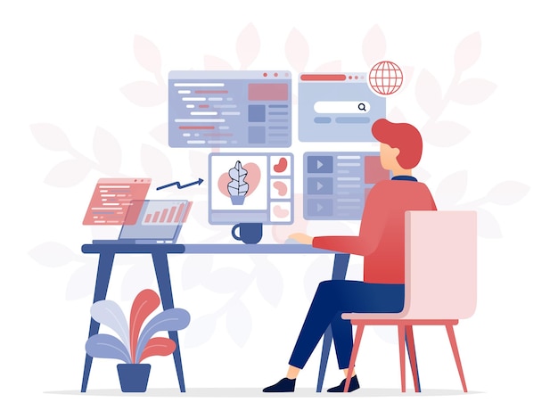 Programador freelancer sentado em uma mesa analisando e depurando bugs de software enquanto codifica em digital