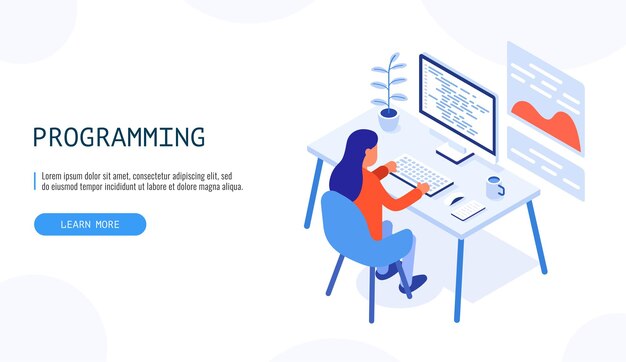 Programador no trabalho. Mulher que trabalha no computador desktop. Conceito de programação.