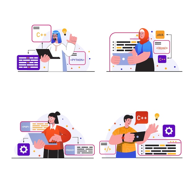 Programando cenas de conceito de trabalho definir pessoas programando em diferentes linguagens, escrever teste de código