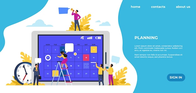 Programar página inicial. gerenciamento de tempo, eventos de trabalho de escritório e reuniões. página da web do vetor