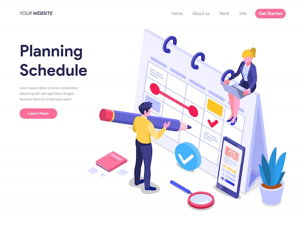 Programe o conceito isométrico de planejamento para landing page, interface do usuário, site