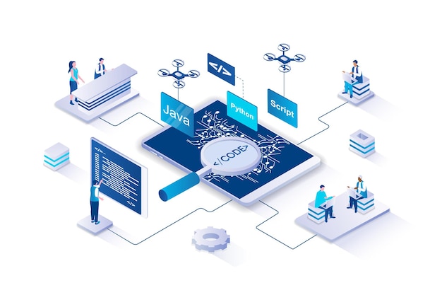 Programming 3d isometric concept with isometry people design for web Programmers developing software and creating new programs working with code optimize and launch product Vector illustration