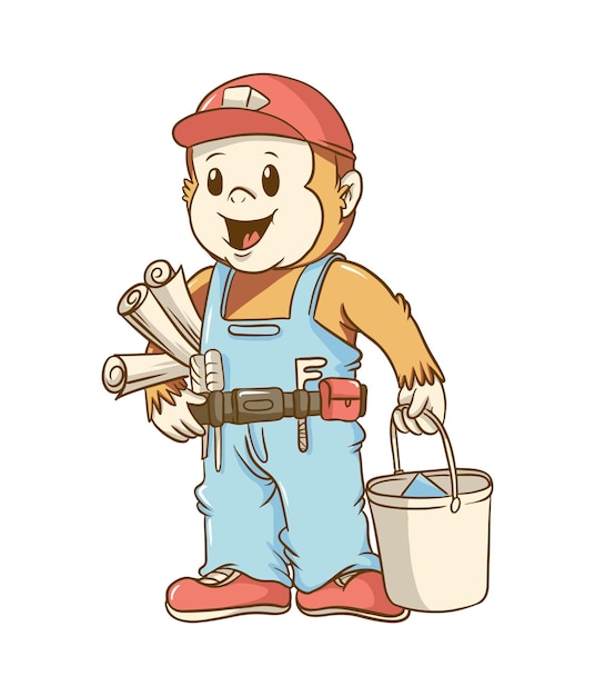 projeto bonito da ilustração dos desenhos animados do mascote do macaco do reparador