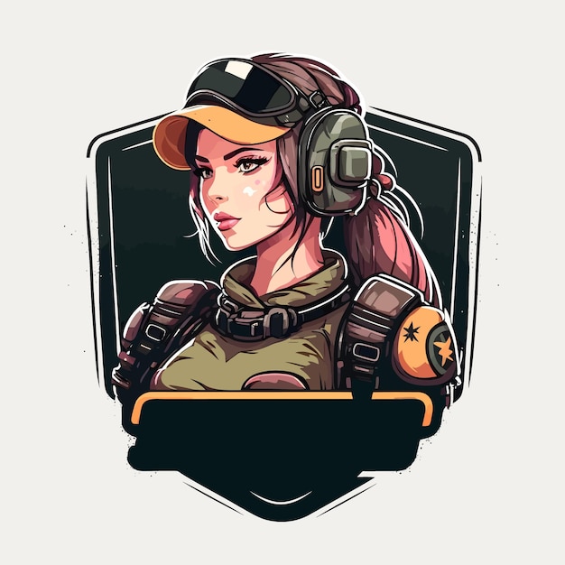 Vetor projeto bonito da menina do soldado esports mascote ilustração do modelo do logotipo do jogo