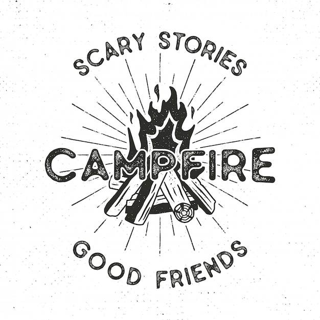 Projeto campifire. mão-extraídas emblema vintage com textos, fogueira texturizada e sunbursts design. efeito de tipografia. ilustração de aventura ao ar livre isolada