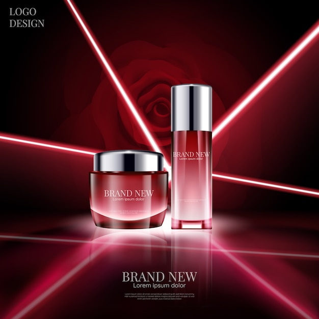 Projeto cosmético luxuoso com efeito de incandescência e laser no fundo da rosa do vermelho na ilustração 3d.