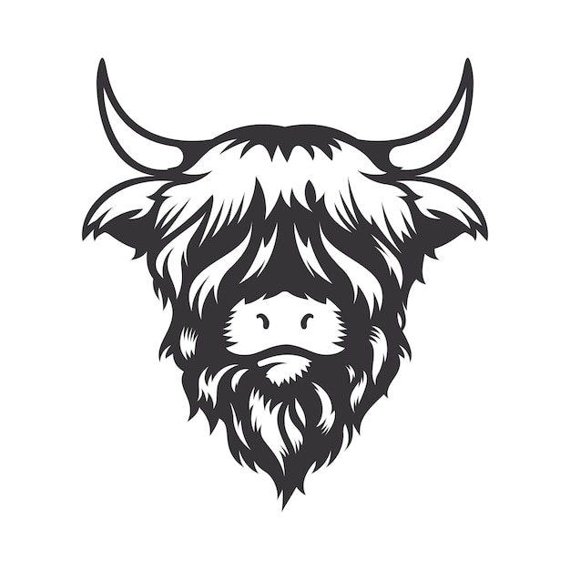 Projeto da cabeça da vaca das terras altas em fundo branco. Animal de fazenda. Logotipos ou ícones de vacas. ilustração vetorial.