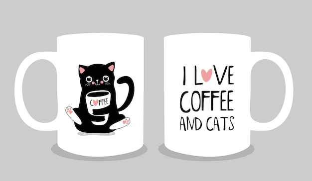 Projeto da xícara de café com bonito gato preto. estilo kawaii. ilustração em vetor moderno eps10
