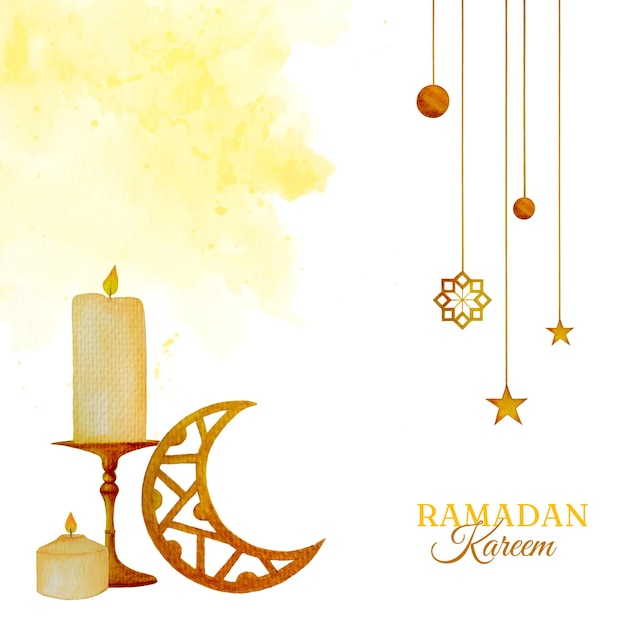 Vetor projeto de aquarela para banner de ramadan kareem com velas, lua crescente pendurada e ornamento de estrelas