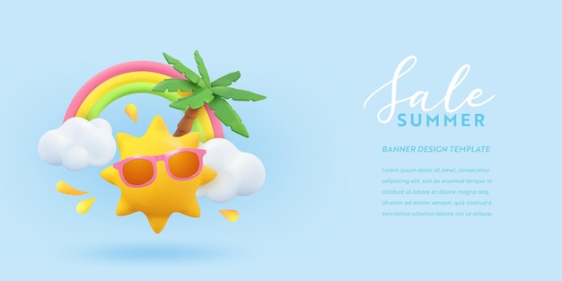 Projeto de bandeira 3d de venda de verão. Palmeira tropical de cena de renderização realista, sol, arco-íris, nuvem. Oferta promocional Tropic, poster da web de férias, desconto sazonal, folheto de cupom, voucher. Layout de verão
