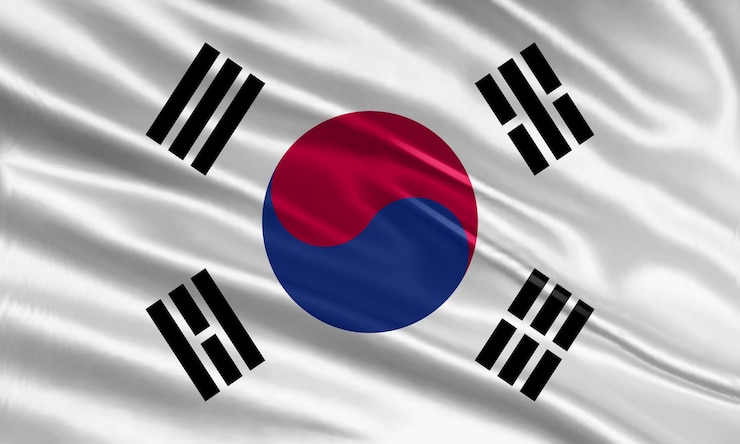 Vetor projeto de bandeira da coreia do sul. acenando a bandeira sul-coreana feita de cetim ou tecido de seda. ilustração vetorial.