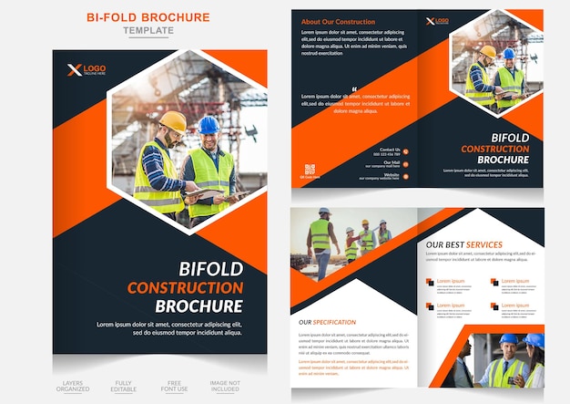Vetor projeto de brochura bifold de construção imobiliária, layout de várias cores e empresa de construção
