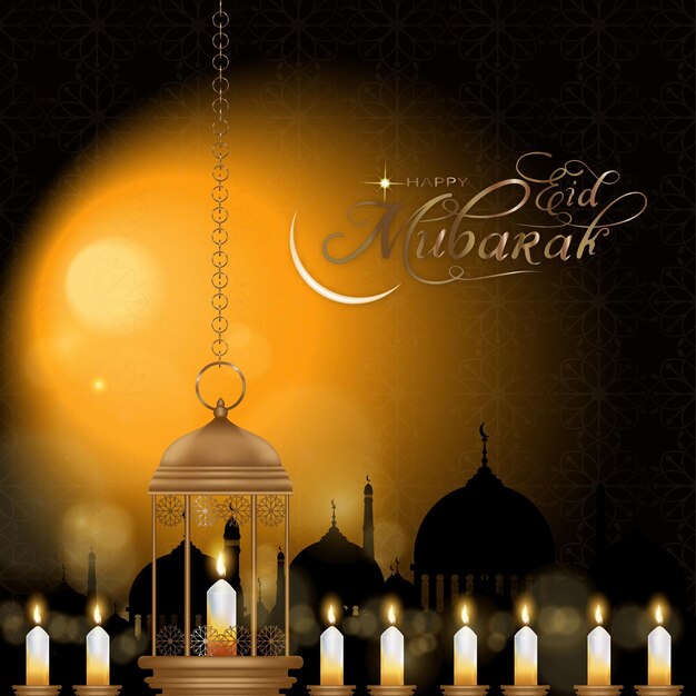 Projeto de caligrafia islâmica Eid Mubarak com lua crescente e mesquita