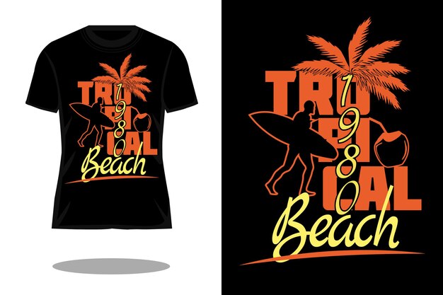 Projeto de camiseta retrô silhueta de praia tropical