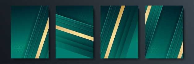 Projeto de capas minimalistas de vetor com gradiente e formas geométricas de linhas que se cruzam. desenho de bandeira verde escuro e dourado. conjunto de modelos de capa modernos