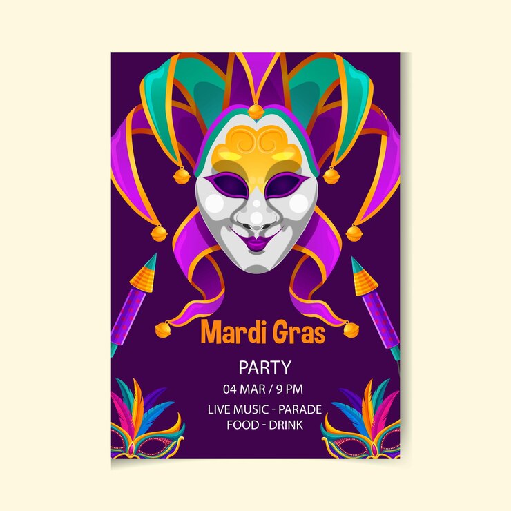 Vetor projeto de cartaz de máscara de coroa de mardi gras em fundo colorido
