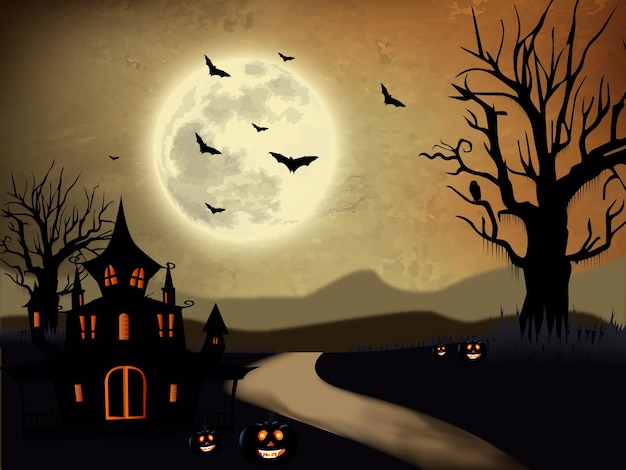 Projeto de celebração da noite de halloween com ilustração vetorial de casa fantasma e abóboras