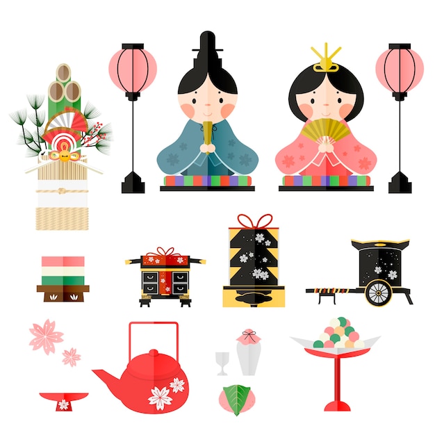 Projeto de coleção de elementos adorável do festival de bonecas japonesas
