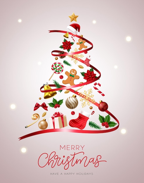 Projeto de conceito de vetor de árvore de natal. símbolo da árvore de natal em forma de laço vermelho com presente, bastão de doces | Vetor Premium Projeto de conceito de vetor de árvore de natal. símbolo da árvore de natal em forma de laço vermelho com presente, bastão de doces | Vetor Premium