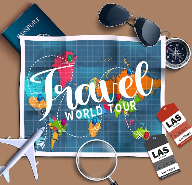 Projeto de conceito de vetor de viagens. Viaje ao vivo ao máximo em texto 3D com elementos de turismo.