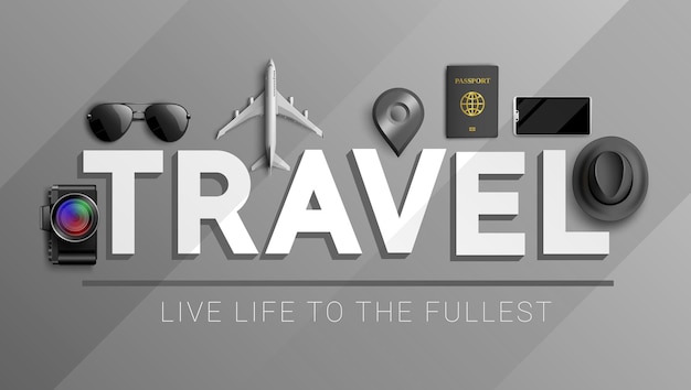 Projeto de conceito de vetor de viagens. viaje ao vivo ao máximo em texto 3d.