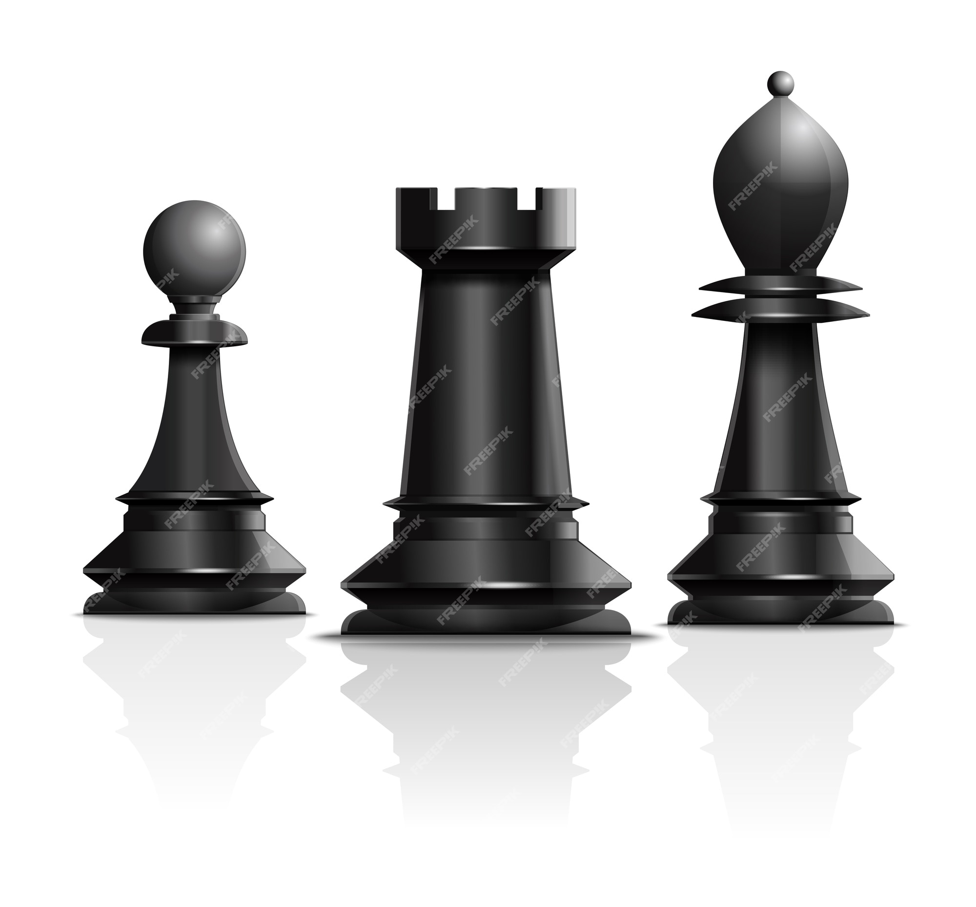 Peças de xadrez pretas bispo, cavalo, torre, peão. conjunto de peças de  xadrez. projeto de conceito de xadrez. ilustração realista isolada no fundo  branco
