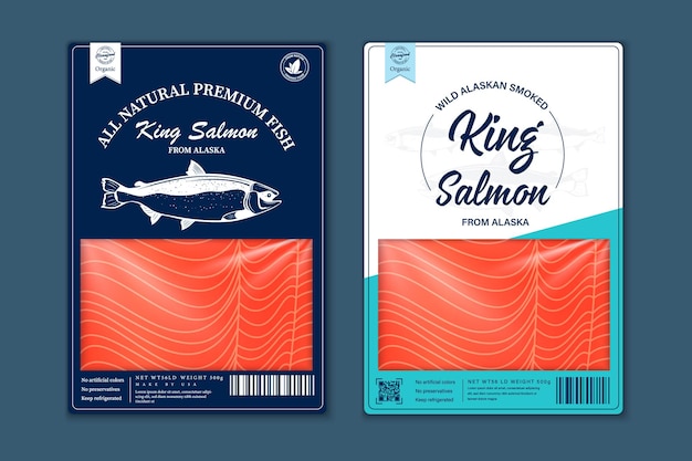 Projeto de embalagem do vetor peixe estilo simples. ilustrações de salmão, truta, atum e peixe pollock do alasca e textura de carne de peixe para embalagem, pesca, publicidade, etc.