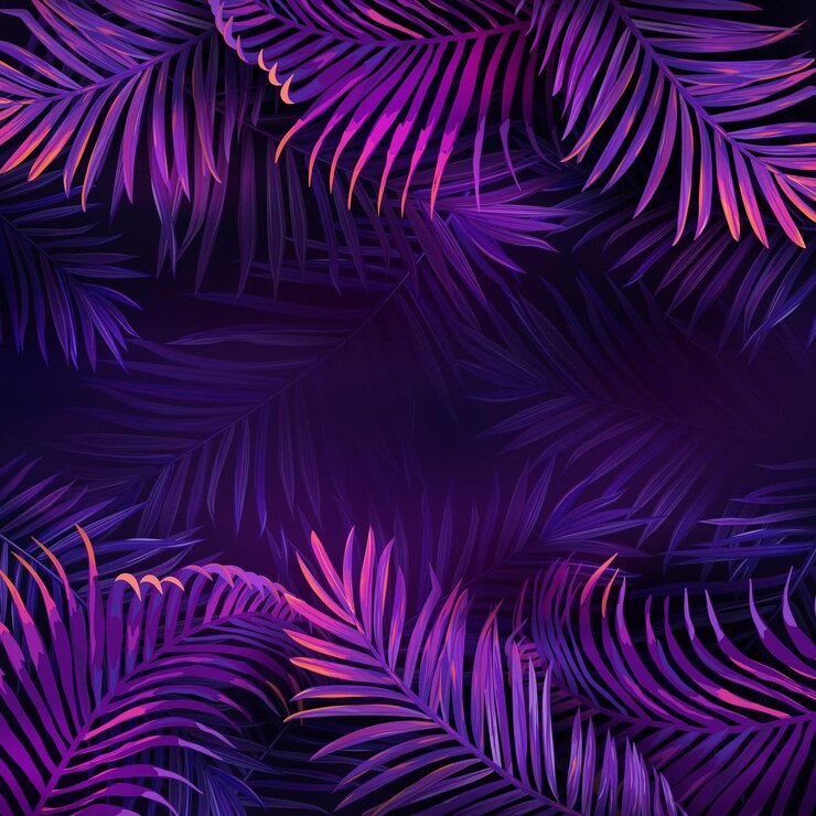 Vetor projeto de festa tropical violeta neon, palm jungle deixa folheto de boate, ilustração em vetor exótico de noite vibrante de verão, pôster cyberpunk de brilho brilhante roxo, plano de fundo com lugar para seu texto