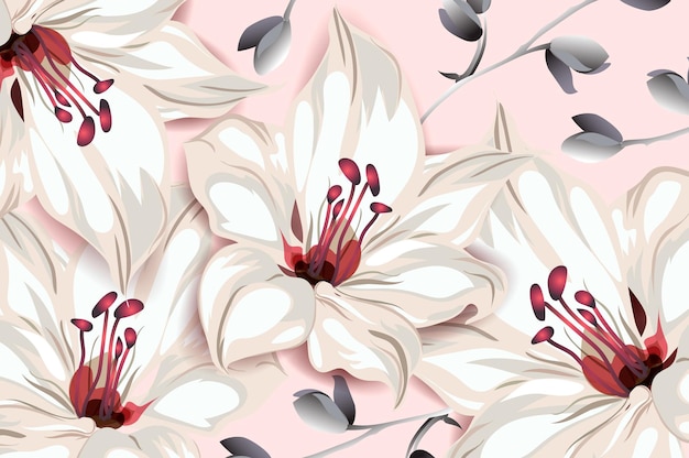 Projeto de fundo de flor botânica com flores e folhas de lírio rosa imagem vetorial