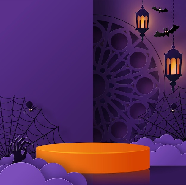 Projeto de fundo de halloween com pódio 3d redondo, fantasma de pódio de palco de caixa quadrada, abóbora, morcego, lâmpada, lápide, lua, noite, assustador, lápide e estilo de artesanato de elementos de arte de corte de papel no fundo.