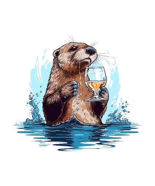 Projeto de ilustração de vinho bebendo animal lontra