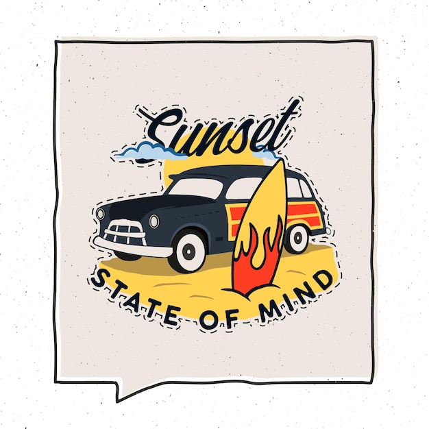 Projeto de ilustração do emblema de aventura de verão vintage. surfing life emblema com carro retro woodie na praia, prancha de surf e texto - pôr do sol estado de espírito. patch de estilo incomum de hipster. vetor de estoque.