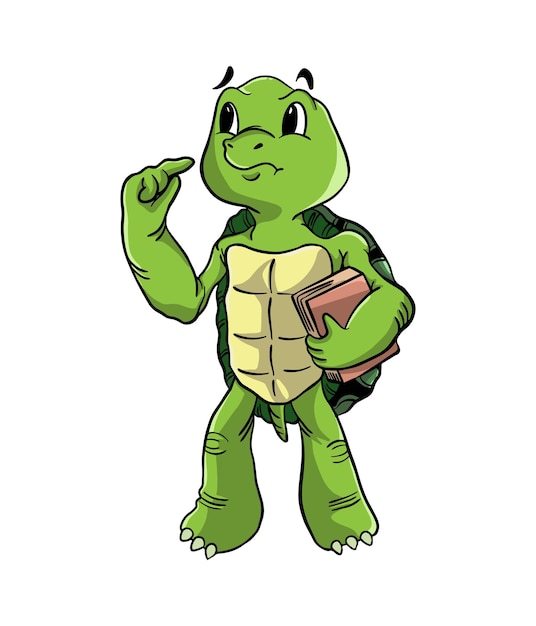 Projeto de ilustração dos desenhos animados de uma tartaruga segurando um livro em uma pose de pensamento