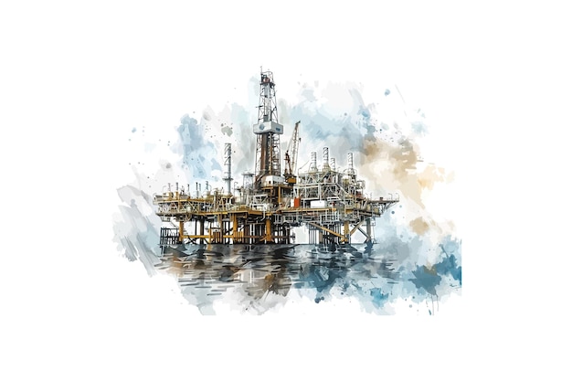 Vetor projeto de ilustração vetorial de aquarela de plataforma petroleira offshore