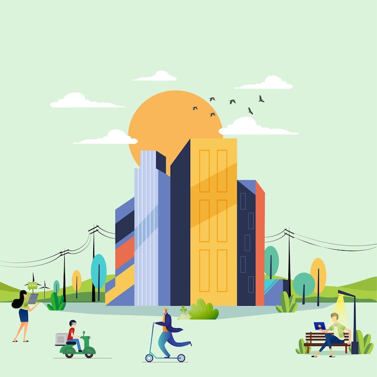 Vetor projeto de ilustração vetorial do horizonte da cidade amigo sustentável e ecológico