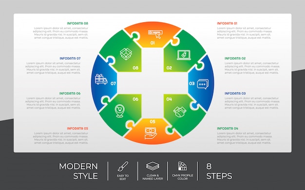 Projeto de infográfico de passo 3d com 8 etapas e estilo gradiente para fins de apresentação