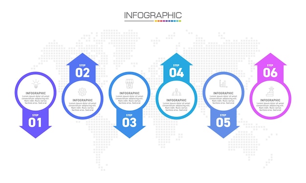 Projeto de infográficos 6 etapas com ícones de marketing podem ser usados para diagrama de layout de fluxo de trabalho design de web de relatório anual