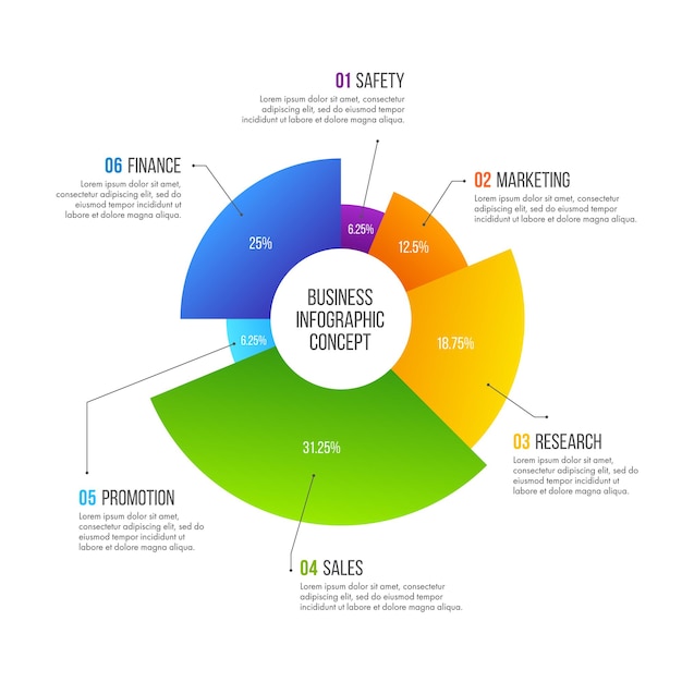 Projeto de infográficos de negócios. conceito de negócio com 6 opções, etapas ou processos.