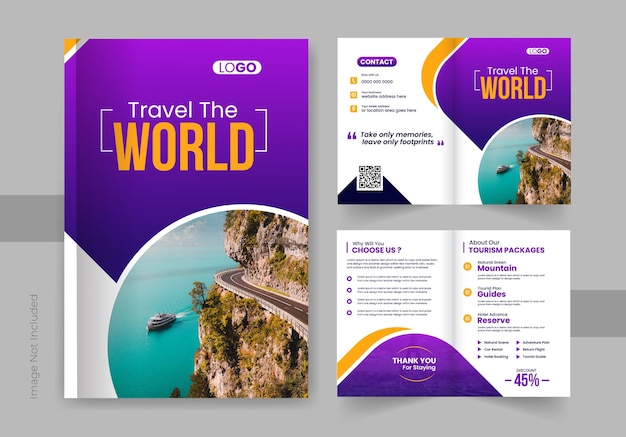 Vetor projeto de modelo de brochura dupla de agência de viagens e turismo ou de perfil de empresa de viagens de negócios