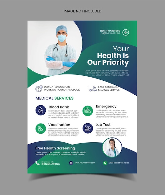 Projeto de modelo de cartaz e folheto corporativo de cuidados de saúde médica