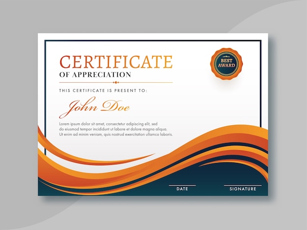 Projeto de modelo de certificado de apreciação com emblema laranja