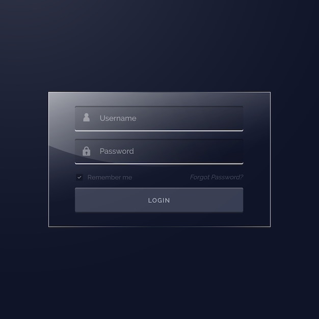 Projeto de modelo de login em estilo de vidro e tema escuro