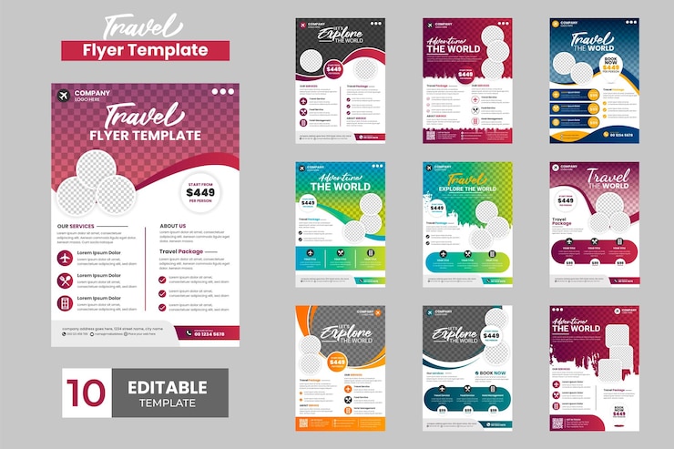 Vetor projeto de pacote de panfleto de férias de viagens vetoriais e modelo de página de capa de brochura para agência de viagens