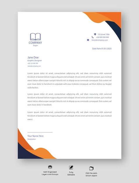 Projeto de papel de carta profissional e corporativo laranja e marinho Papel de carta editável