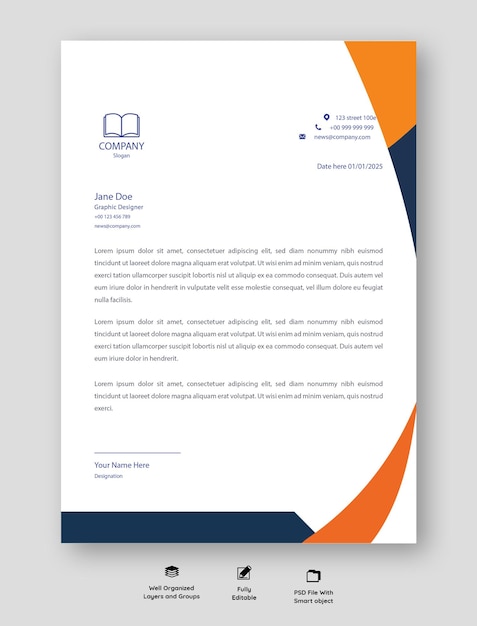 Projeto de papel de carta profissional e corporativo laranja e marinho Papel de carta editável