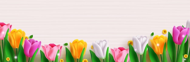 Projeto de plano de fundo do vetor de flores de tulipa de primavera. dia da mulher e cartão de saudação do dia das mães com cor