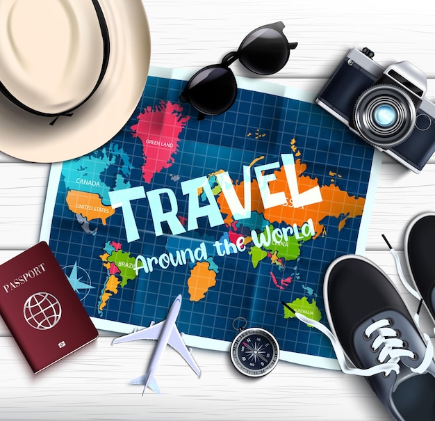 Projeto de plano de fundo do vetor de viagens. Texto de viagem no espaço de panfleto de cartão para mensagem com câmera.
