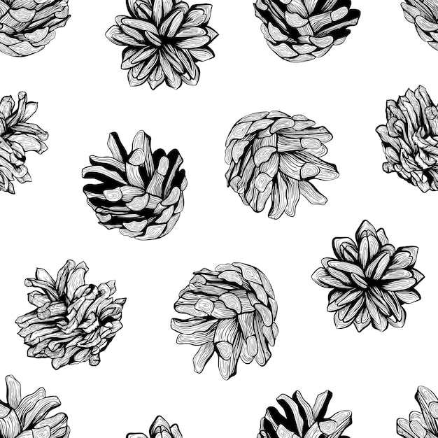 Projeto de plano de fundo padrão natural sem costura preto e branco com pinhas