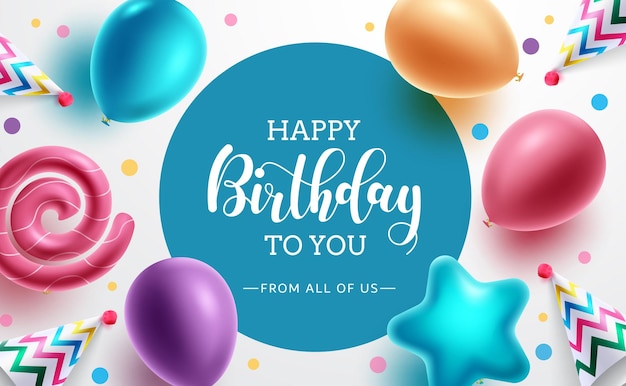 Projeto de plano de fundo vector modelo de aniversário. Texto de feliz aniversário no espaço do círculo azul com balões.